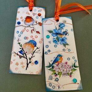 2 Blue Bird and Floral Bookmarks